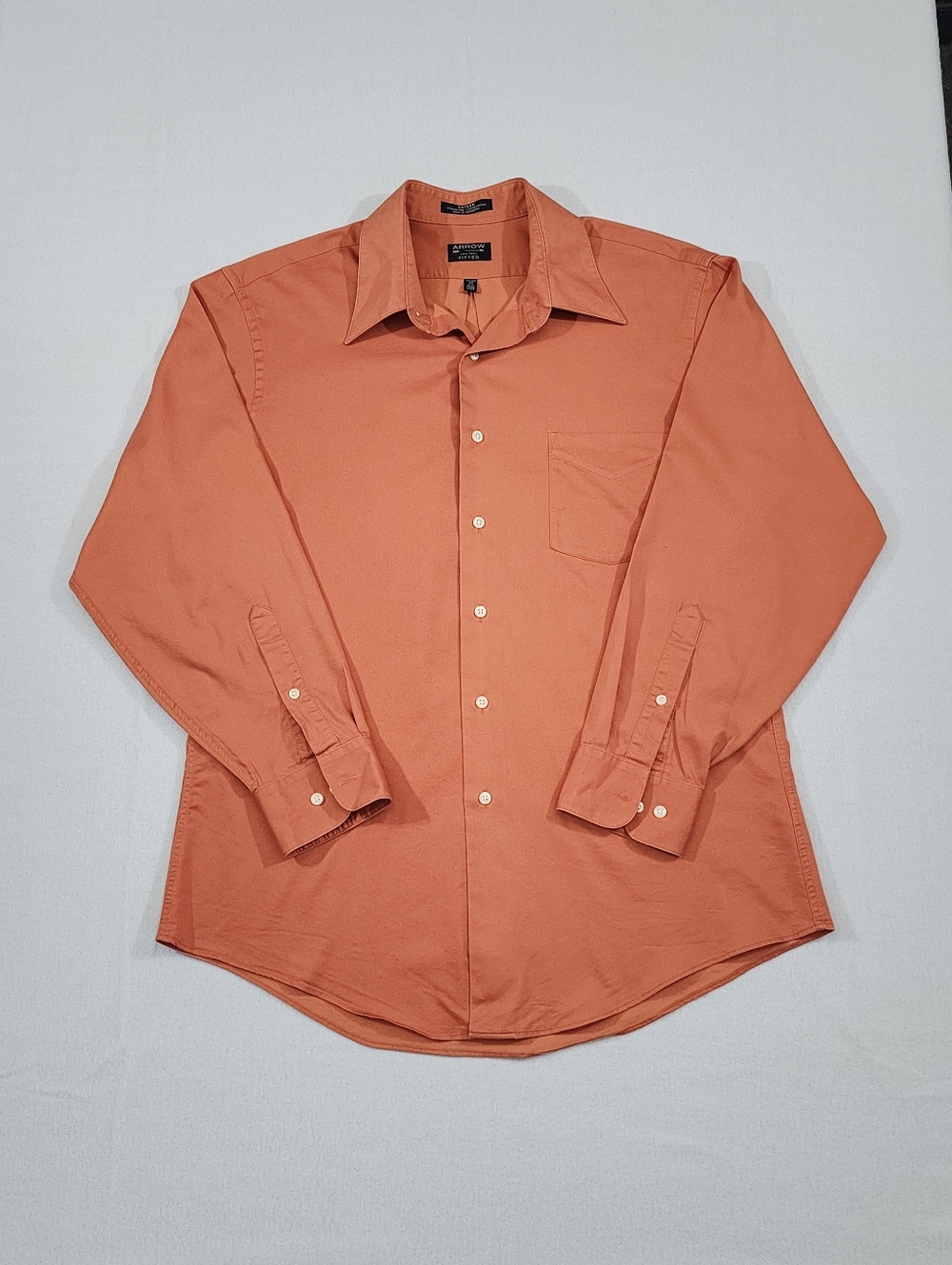 Arrow Fitted Wrinkle Free Dress Shirt Large Salmon Peach Button Up L